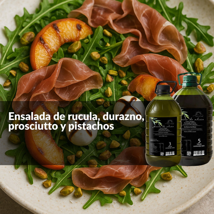 Ensalada de rucula, durazno, prosciutto y pistachos